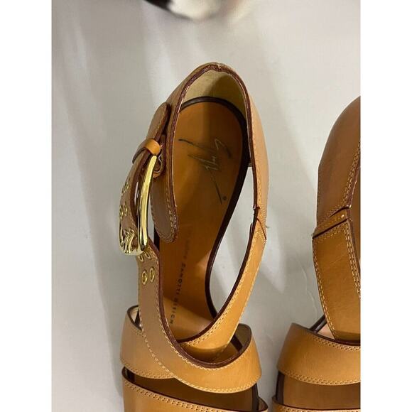 Giuseppe Zanotti 37 7 Heels Camel Tan Leather Sandals Open Toe Ankle Strap Pump - Picture 7 of 8